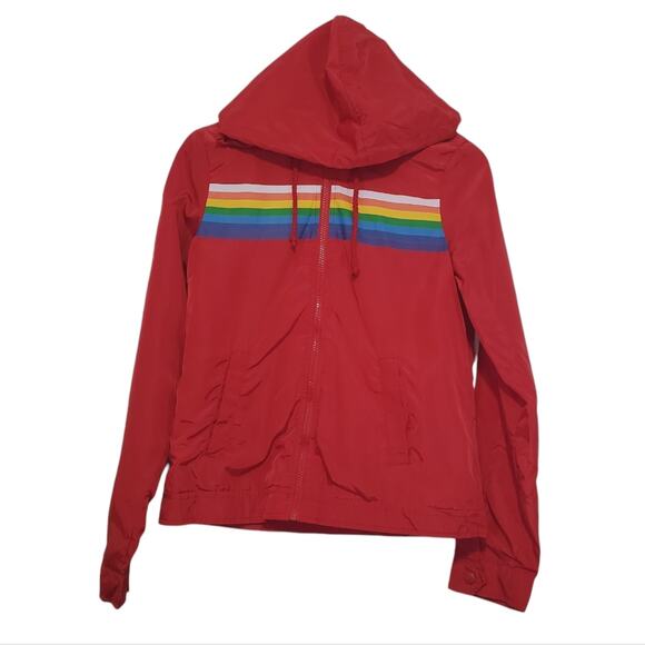 New Look | Retro 70s 80s Rainbow Chest Full Zip Hooded Windbreaker Jacket - Picture 1 of 11